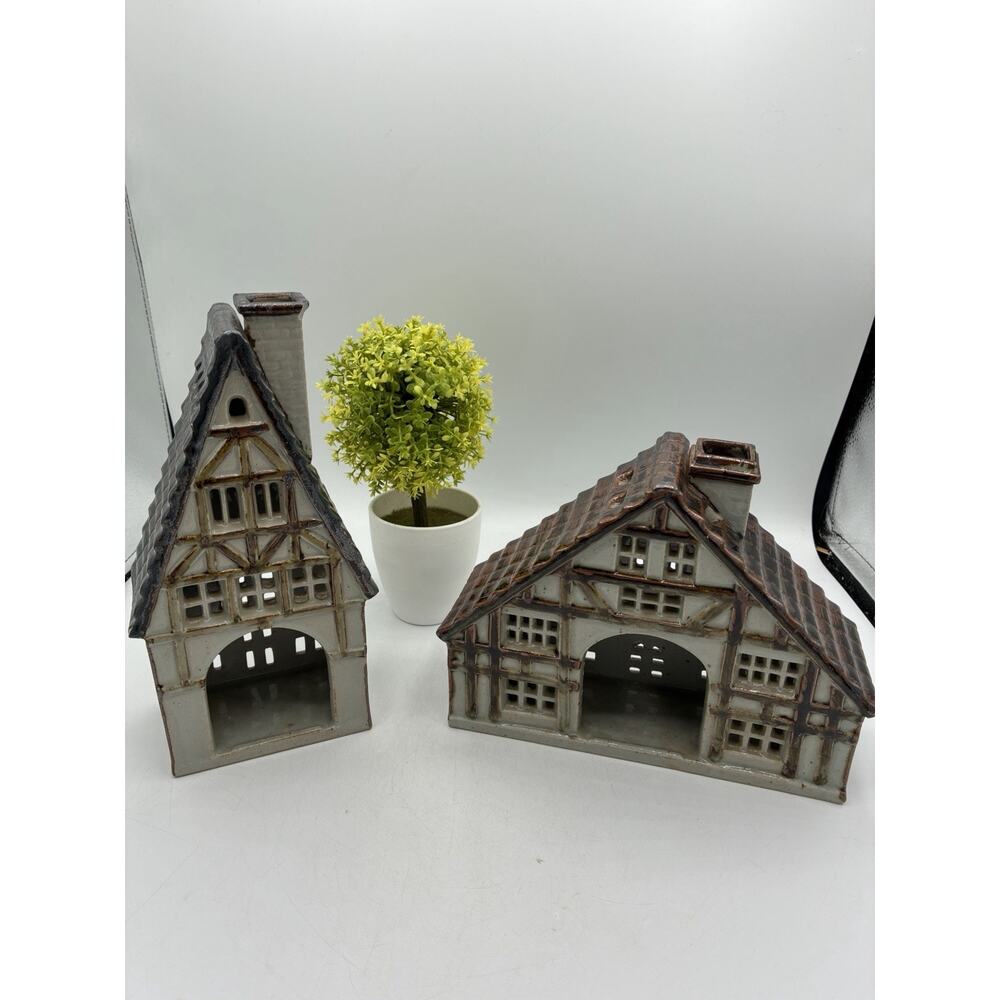 Vintage Portugal Stoneware Tudor House Tea Light Holders Set of 2